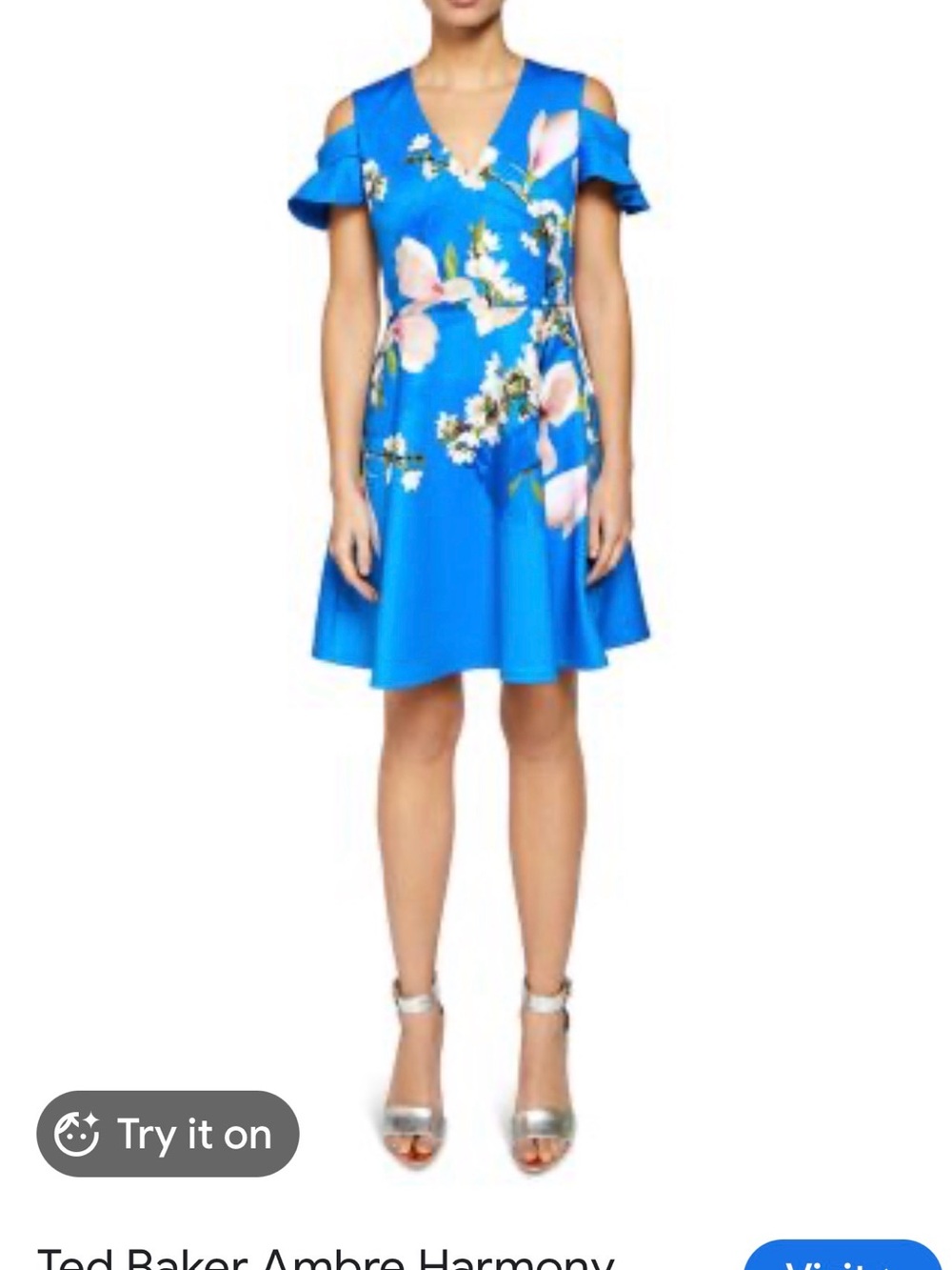 Ted Baker London Bright Blue Floral Cold-Shoulder Fit-and-Flare Dress